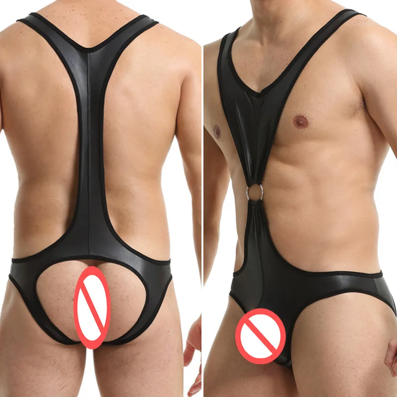 

Sexy Man Erotic Strap Bodysuit G-string Gay Mens Underwear PU Leather Catsuit Jockstrap Teddies Leotard Sex Thongs Men Jumpsuits