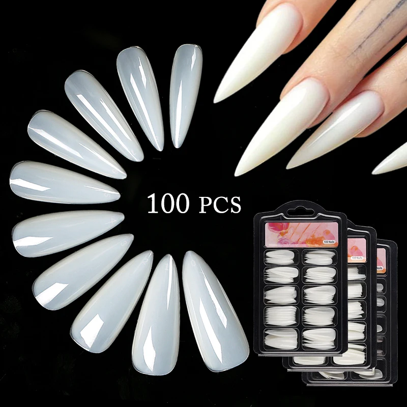 Quick Extension Full Cover Fake Nails Clear White Water Drop Coffin False Nails Tips Finger Extension Nail Art Mold 100Pcs/box