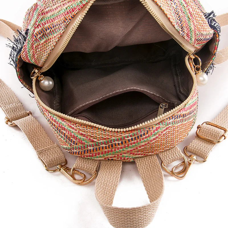 New Women Straw Backpack Rucksack Geometric Tassel Travel Bag Korean Version Girls Student Bags Casual Zipper Softback Backpack 3