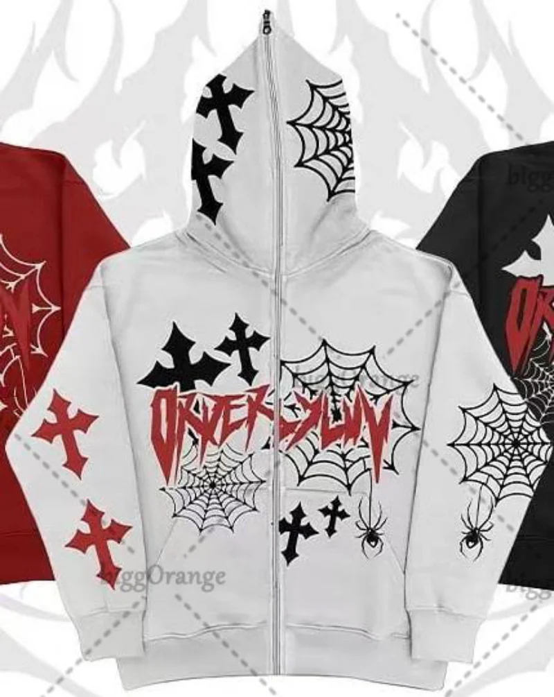 Y2K High Street Hip Hop Casual Fashion Coat Retro Cross Spider Web Print  Zipper Hoodie New Harajuku Women Oversized Sweatshirt - AliExpress