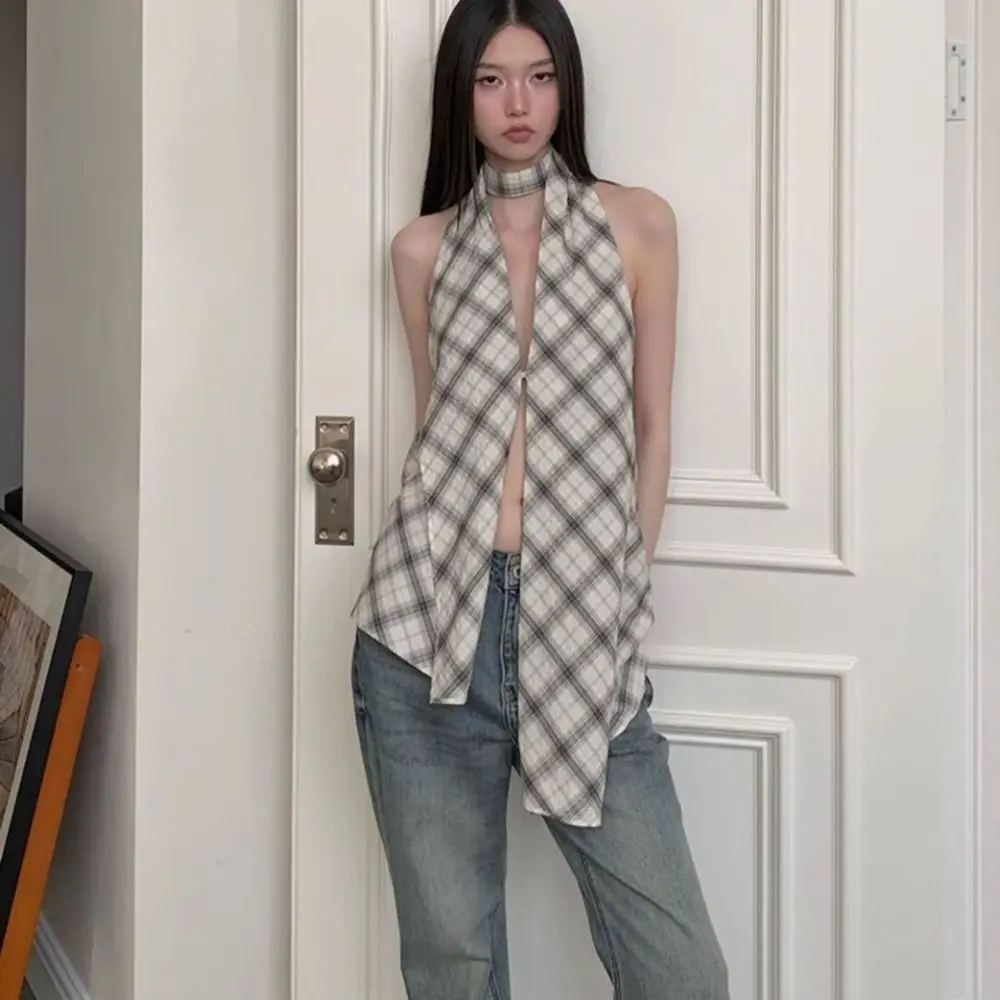 Korean Style Grid Halter Sleeveless Camisole Irregular Split Slim Crop Tops Spicy Girl Summer Suspender Vest Women Girl