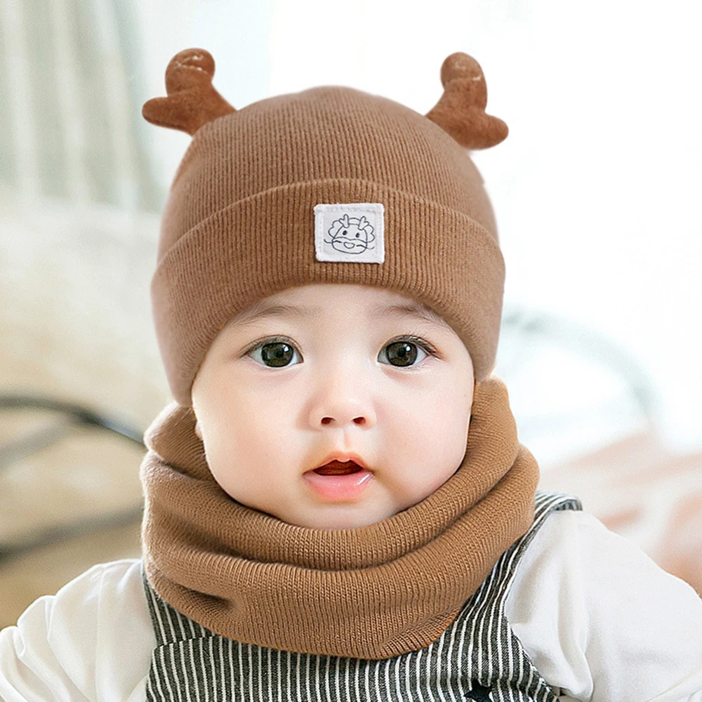Baby Hat Scarf Set Children's Neck Scarf Knitted Woolen Hats 3D Cartoon Animal Horn Cotton Beanies Caps For Kids 3-18 Month