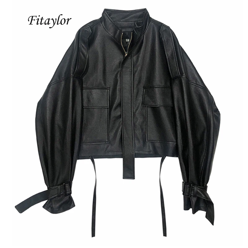 

Fitaylor 2022 New Autumn Women Faux Soft Pu Motorcycle Leather Jacket Casual Loose Black Faux Leather Punk Zipper Overcoat
