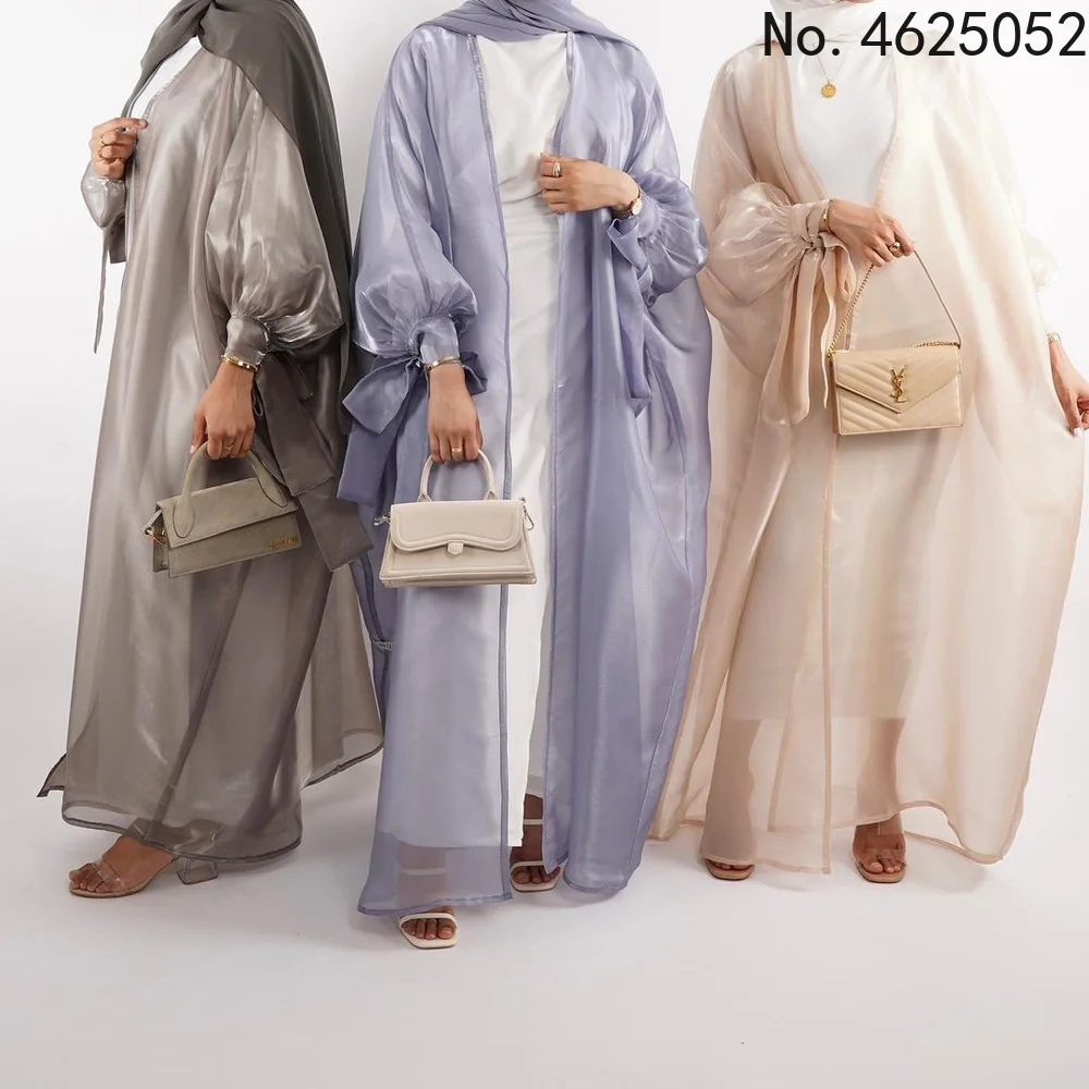 2022 Ramadan New Design Muslim Women Open Abaya Long Puff Sleeves Robe Shinny Islam Cardigan Evening Party Open Front Maxi Dress