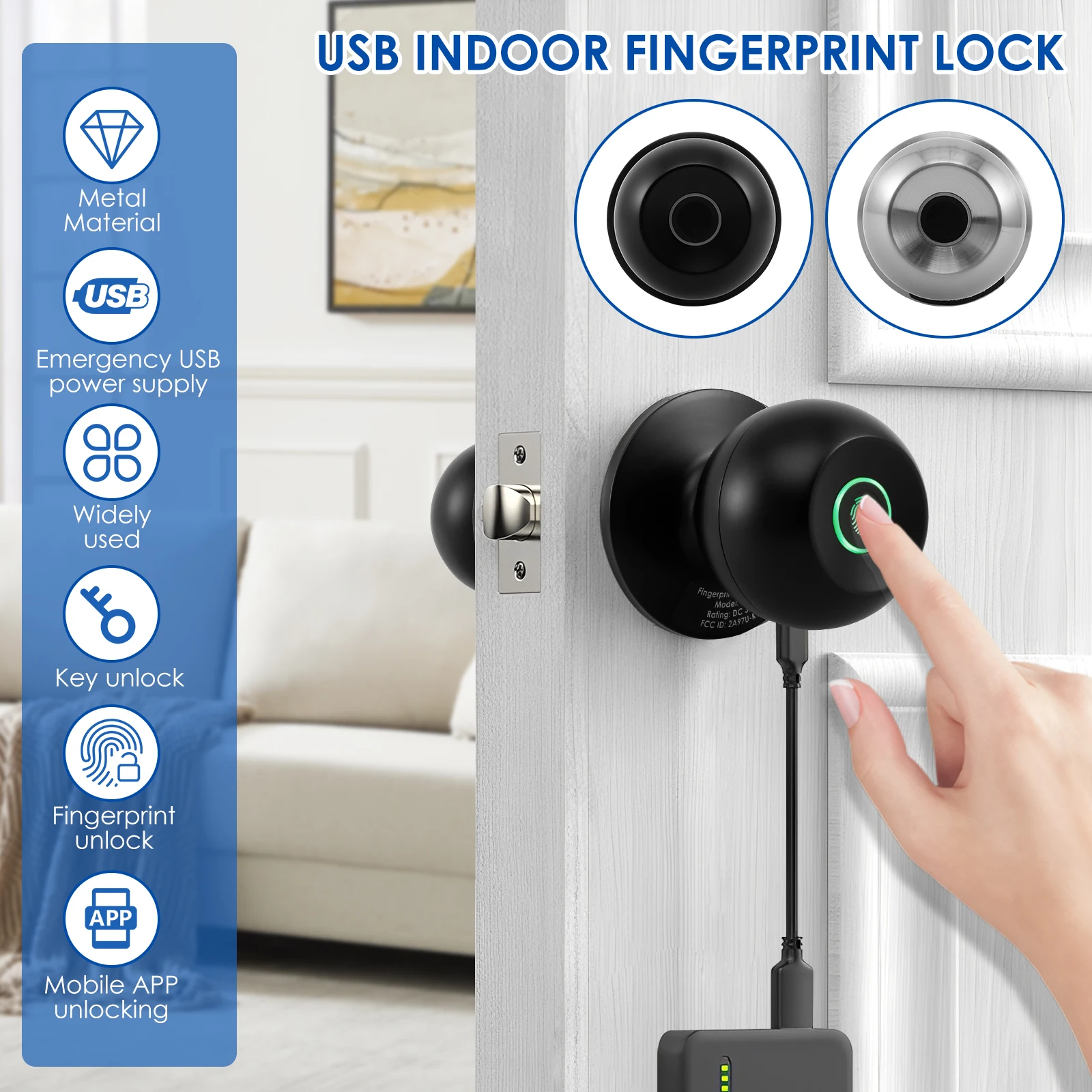 

Smart Door Knob Stable Fingerprint Door Knob with 3 Keys APP/Key/Fingerprint Control Door Lock Safe 3 Ways Unlock Door Knob