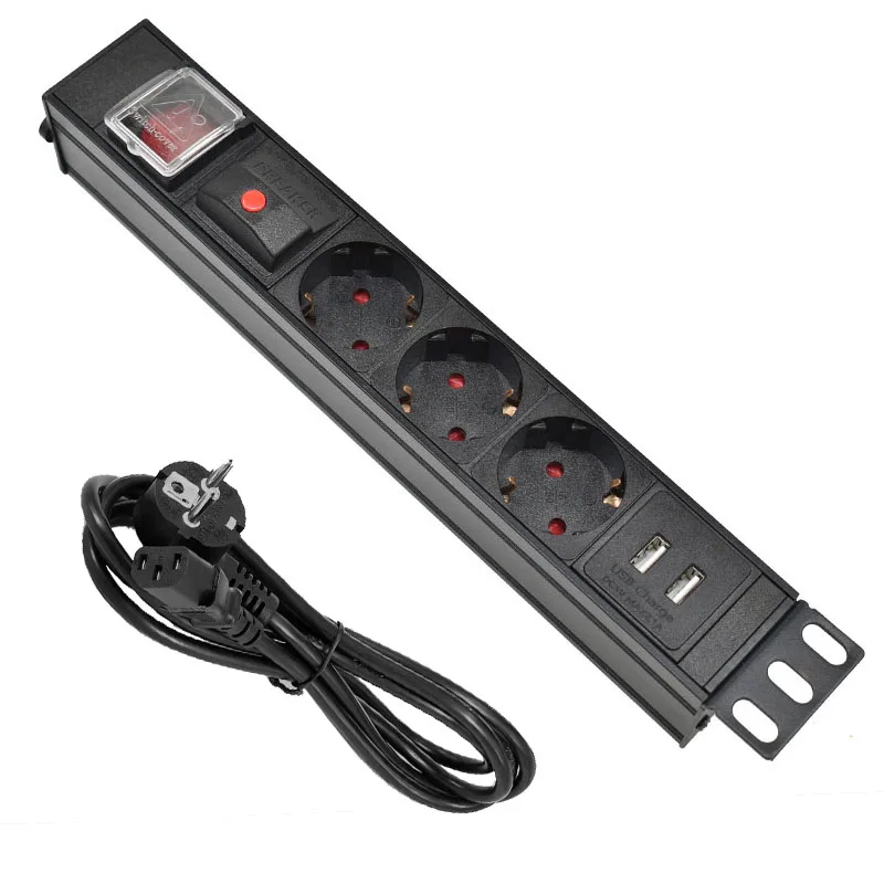 

Aluminum alloy 3 Ways PDU Power Strip EU Power Strip Socket with IEC-C14 Port Outlet extend with 2 USB Overload protection