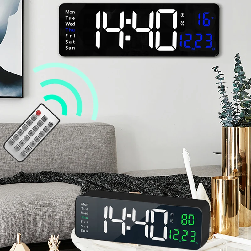 Wall-mounted Digital Wall Clock Remote Control Large Temp Date Week Display Power Off Dual Alarms Table Clock