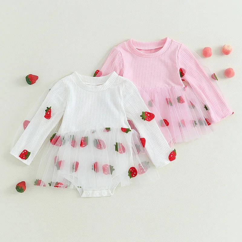 

EWODOS Toddler Infant Girls Bodysuits Sweet Strawberry Print Tulle Mesh Patchwork Long Sleeve Jumpsuits Dresses Kid Fall Clothes