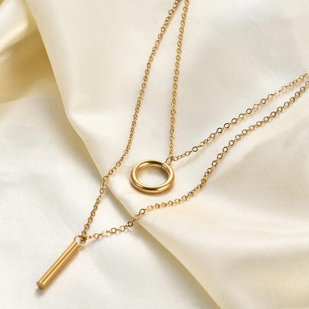 VQYSKO Circle And Strip Long Chain Necklace Bilayer