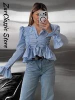 Chemisier plissé à volants pour femme, style urbain, uni, à simple boutonnage, manches longues, coupe courte, nouvelle collection printemps décontractée 5