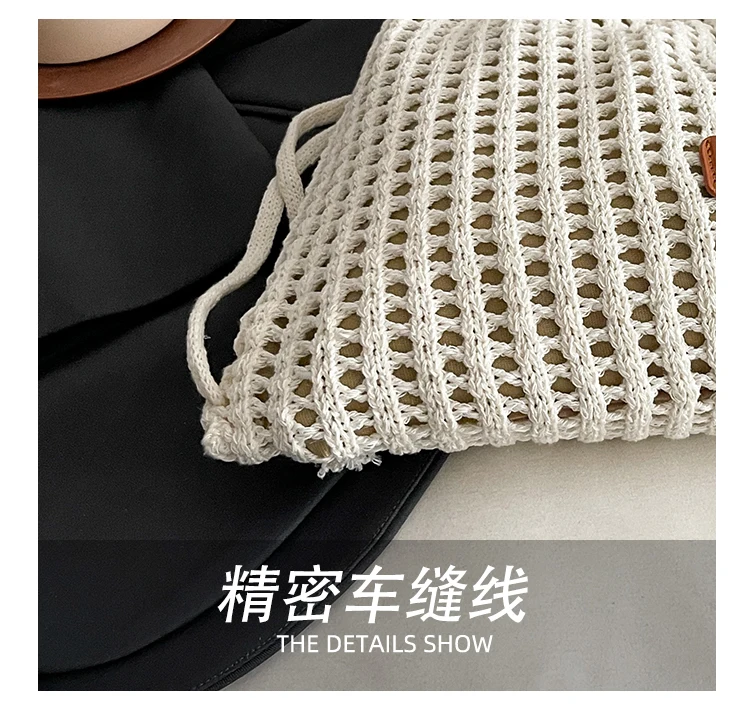 Trendige gewebte Tasche mit Kordelzug, großes Fassungsvermögen, hohles Design, praktischer Rucksack für Pendeln und Einkaufen – Detail 8
