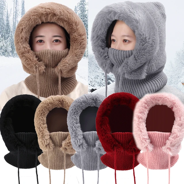 Bonnet chaud d'hiver pour hommes et femmes, chapeau avec écharpe en laine,  cagoule, masque, bonnet - AliExpress