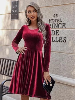 2025 Autumn Winter Woman Long Sleeve Velvet Swing Dress Round Neck Multi Color for Elegant Retro Looks 1