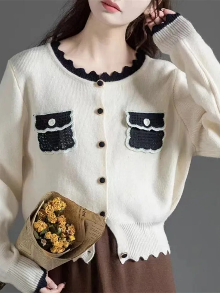 

Женский простой свитер с карманами, винтажный Укороченный кардиган с круглым вырезом, вязаная одежда