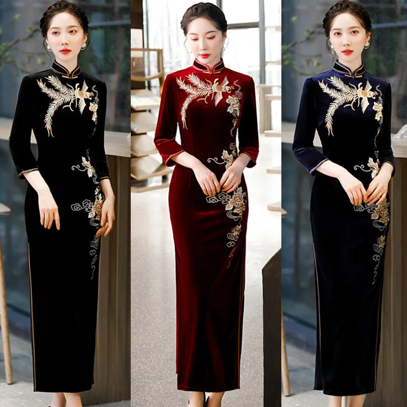 Long Sleeve Gold Velvet Cheongsam Winter 2022 New Embroidery Chinese Traditional Daily Tang Suit Qipao Evening Dress For Women