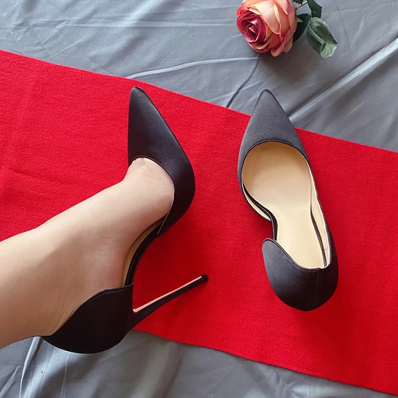 

Women black silk concise pointed toe pumps 12cm 10cm 8cm high thin heels office party daily wear classic shoes QKOU014 ROVICIYA