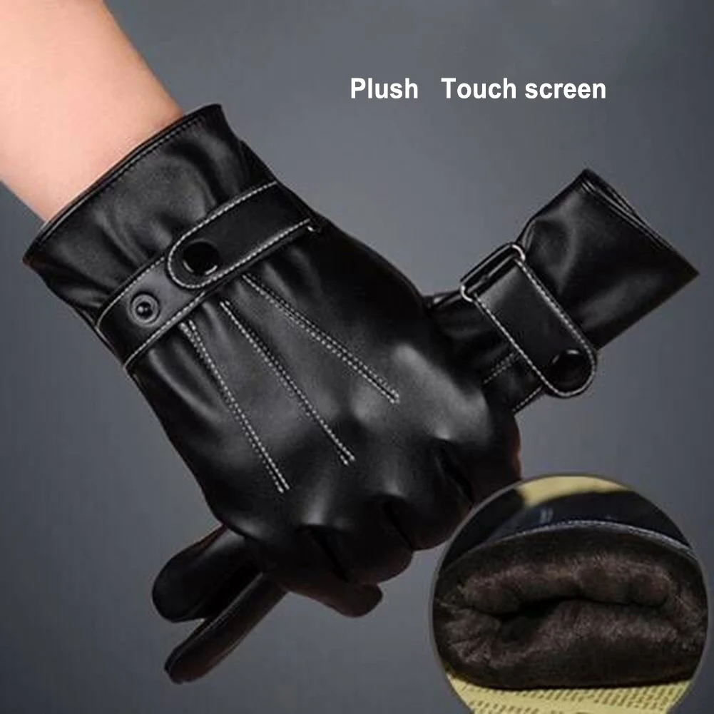 1-5Pair Men Cycling Warm Gloves PU Leather Protection Riding Gloves Adjustable Button Closure for Camping Climbing Hiking Sports