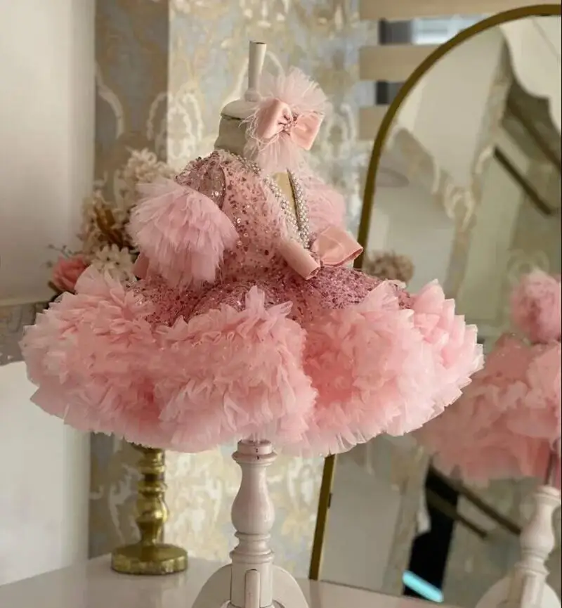

Baby Girls Pink Tulle Bead Princess Dress Elegant Party 1 2 4 8 Years Birthday Gown Bridesmaid Dresses Kid Cloth Toddler Gift