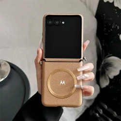 Litchi Texture PU Leather Magnetic Business Case with Wireless Charging and Anti - Drop Protection for Motorola Razr 70 (Brown)