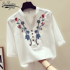 Blusa blanca de algodón con cuello en V para verano, camisa bordada de talla grande para mujer, 2022, 3140