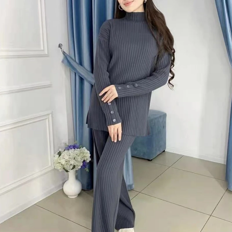 Women Spring Autumn Knitted 2 Piece Set Casual Tracksuit Long Sleeve Sweater And Wide Leg Jogging Pants Pullover Suits pant suits for older ladies Suits & Blazers