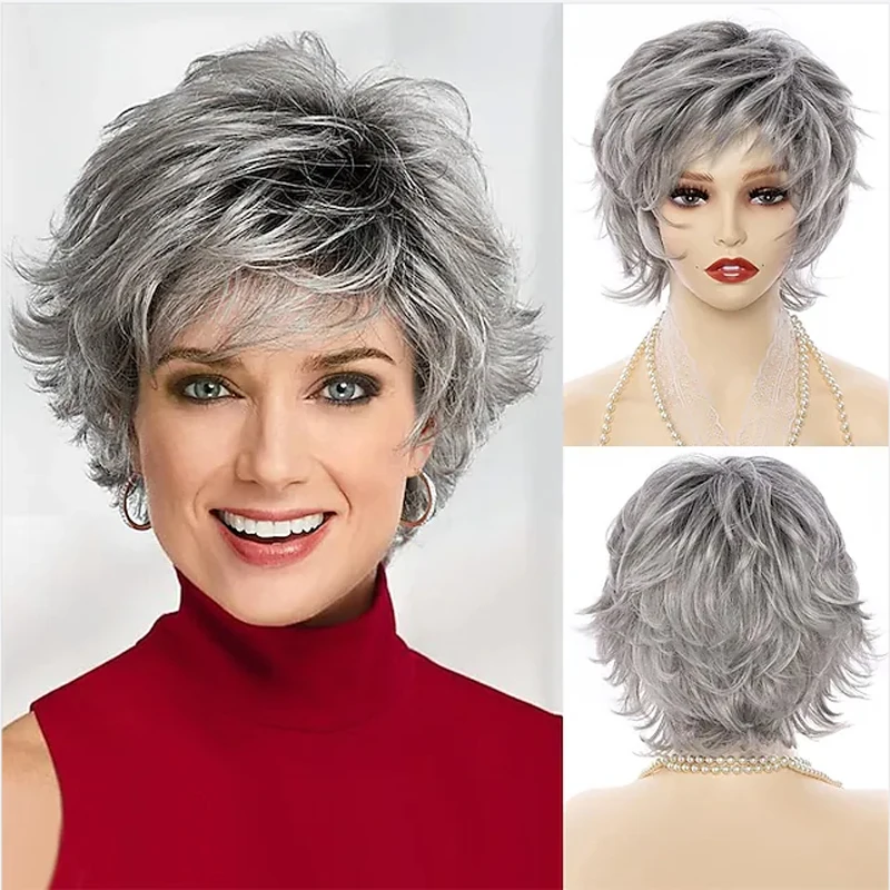 HAIRJOY-Peluca de cabello sintético para mujer, Pelo Rizado corto de fibra resistente al calor, Color gris, esponjoso, capas con flequillo