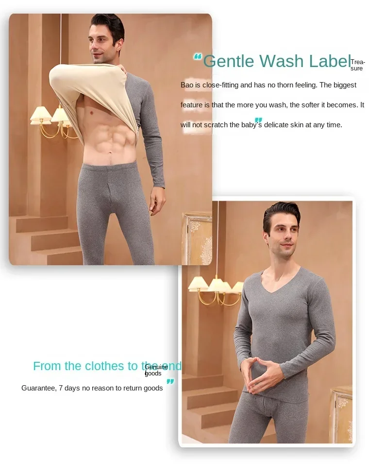 Men Wool Winter Long Sleeves Thermal Warm Thick Sweater Thermal Underwear Soft Fleece Lined Long Johns Set Thermal Clothes