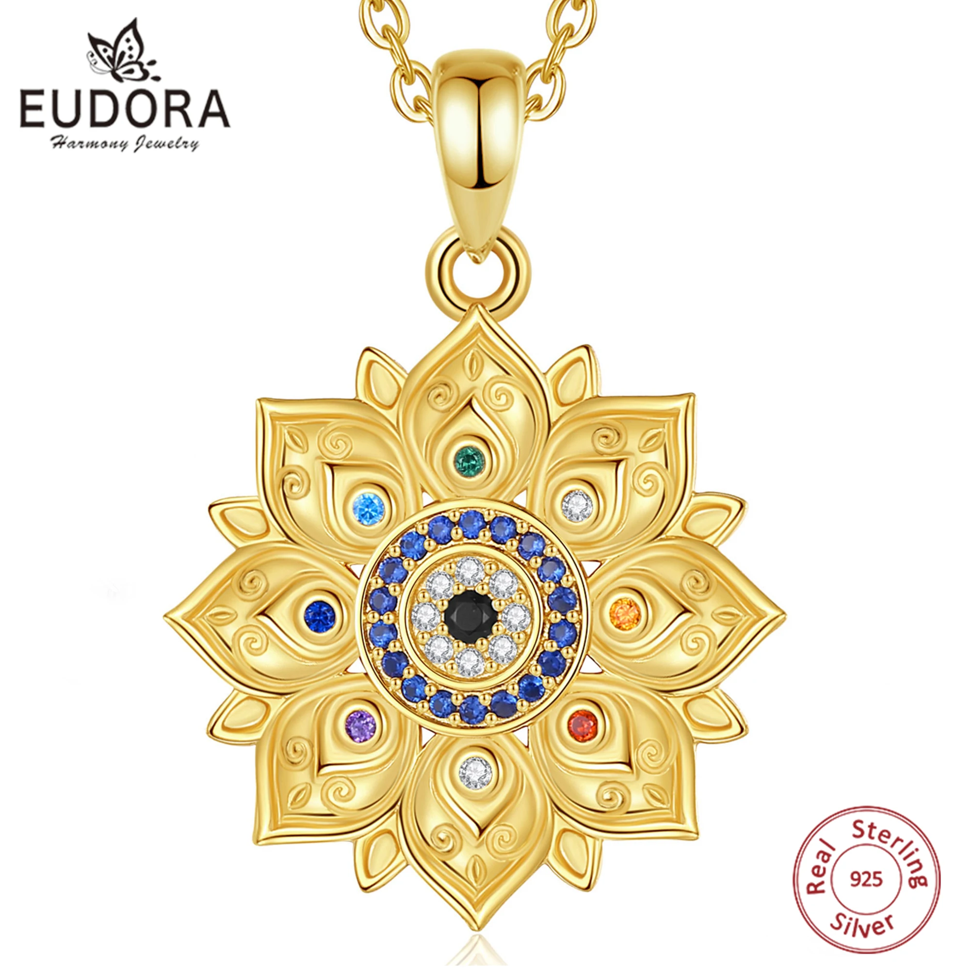 Eudora 925 Sterling Silver Lotus Evil Eye Necklace for Women Man 18K Gold Flower 7 Chakras Amulet Pendant Personality Jewelry