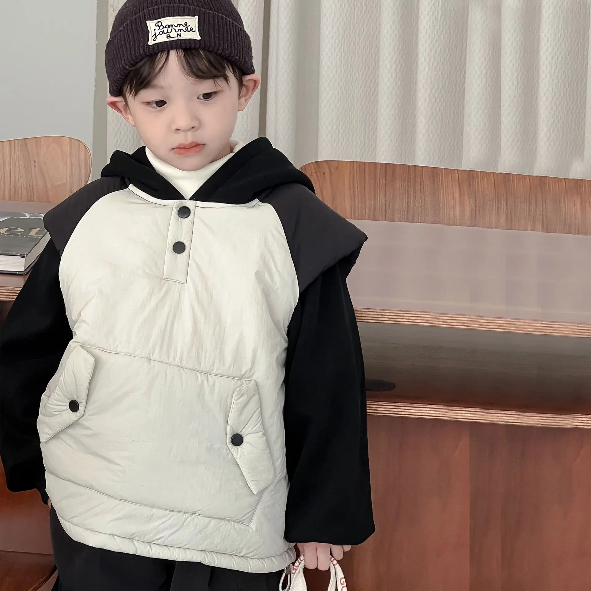 

Children Clothing Winter New Korean Style Boys Black and White Matching Color Vest Fake Two Fleece Warm Fashionable Hoodie