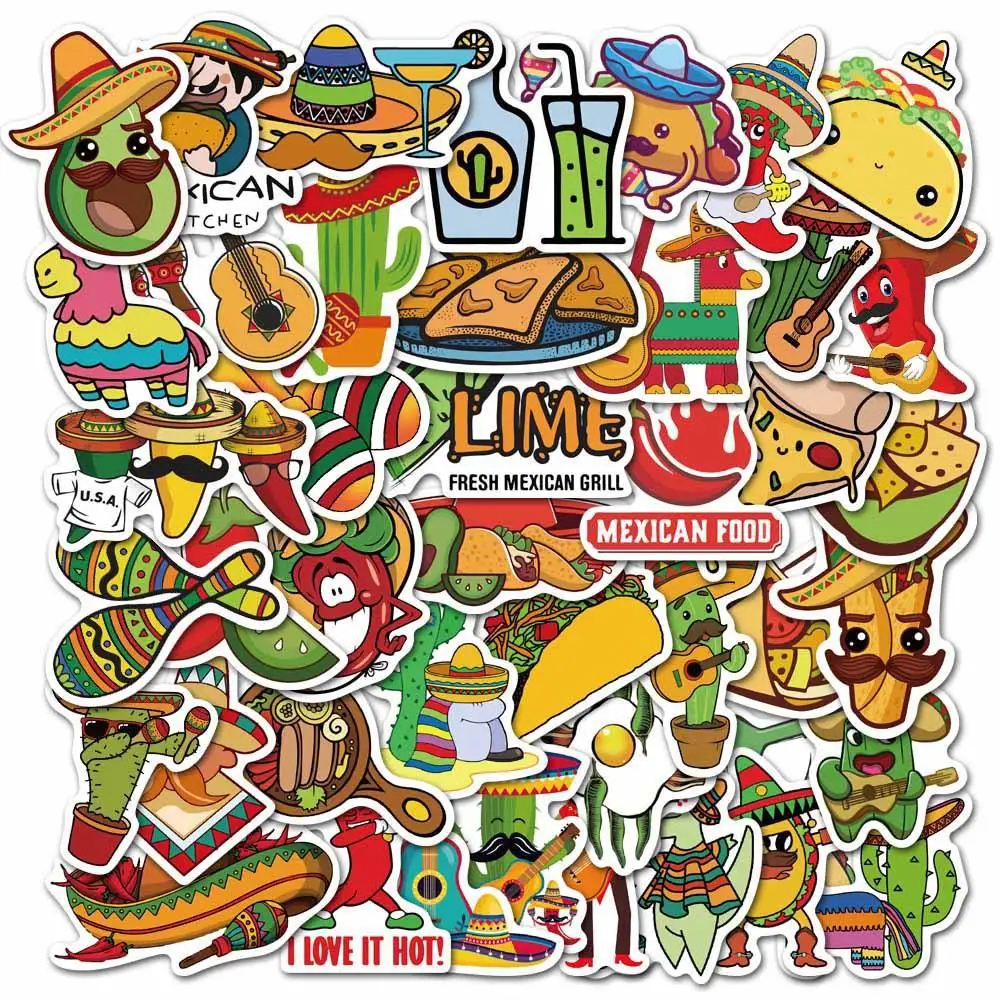 50Pcs Mexico Food Stickers For Guitar Kids TOY Bicycle Motorcycle Skateboard Snowboard Laptop Luggage Decals