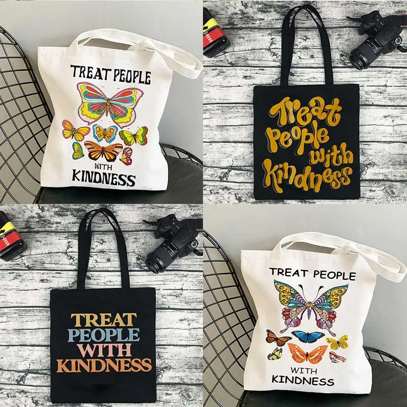 

Treat People with Kindness Letter Tote Bag Luxury Casual Fashion Canvas Big Capacity Harajuku Women Bags Funny Shoulder Bag