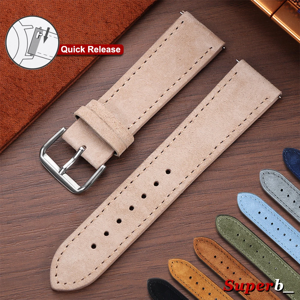 Vintage Suede Cowhide Watch Strap - Handmade Quick Release Bracelet in Gray, Brown, Green