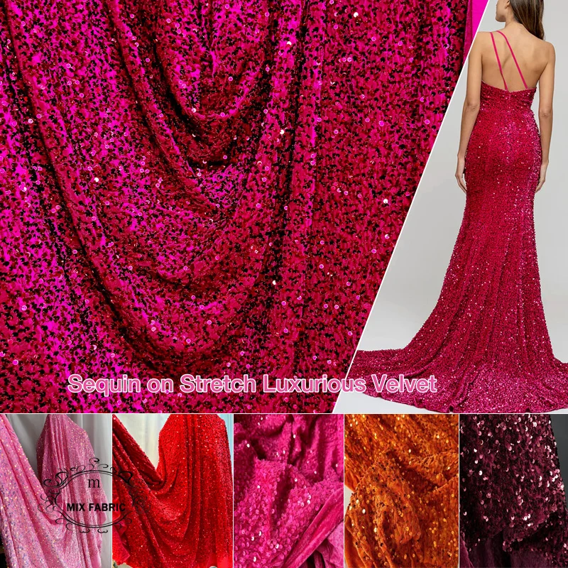 Vibrant Orange Pink Stretch Velvet Sequin Fabric for Apparel and Decor Projects