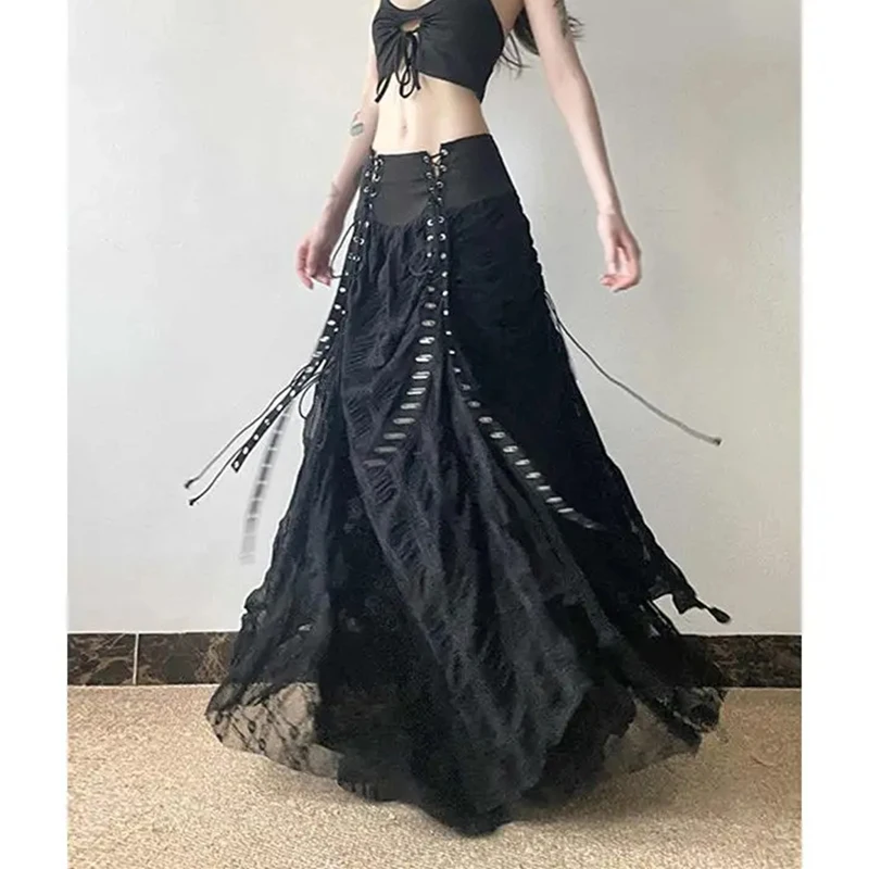 MEXZT Y2K Lace Mesh Long Skirt Women Harajuku Vintage Patchwork Bandage Black Skirts Gothic Aesthetic High Waist Chic Faldas New 6