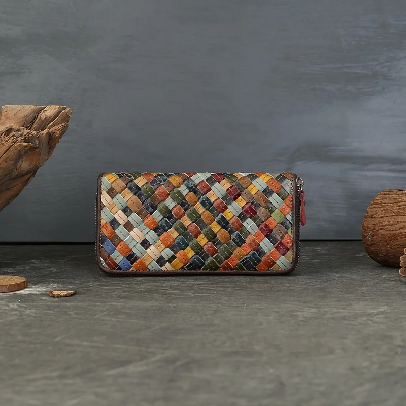 Elegant Woven Leather Women's Clutch with Ample Card Slots and Phone Compartment