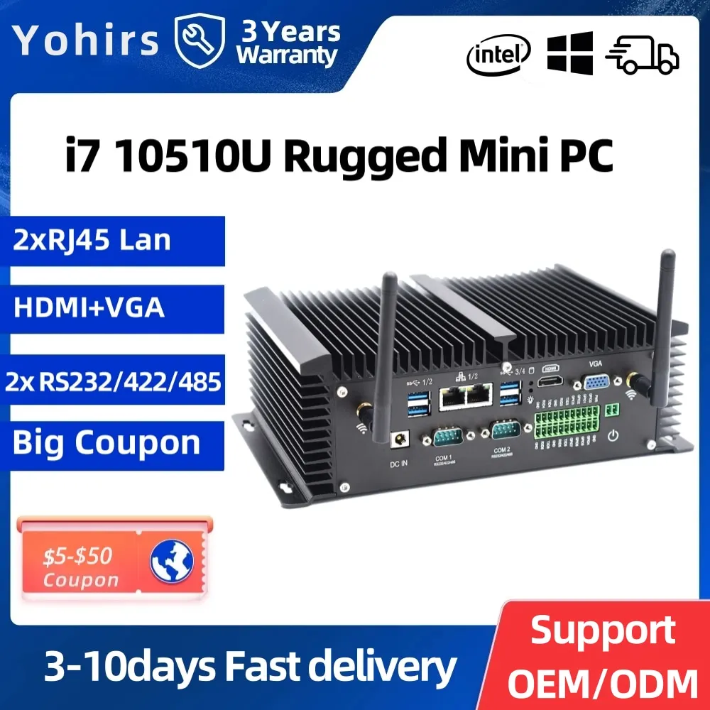 

Industrial Fanless Mini Computer i7 8550U i5 8250U 2*Lan 2*RS422 485 COM Win10 8*USB HD VGA Embedded Micro Industry Desktop Pc