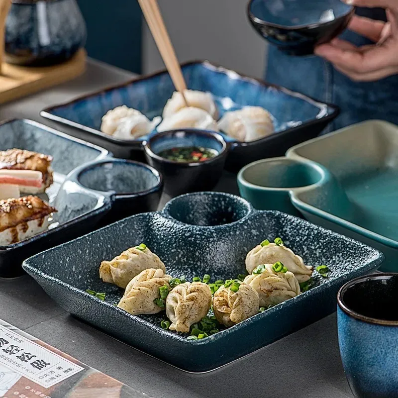Japanese Dumpling Plate with Vinegar Plate Ceramic Tableware Simple Creative Home Divided Sushi Loaded Shrimp Fries Square