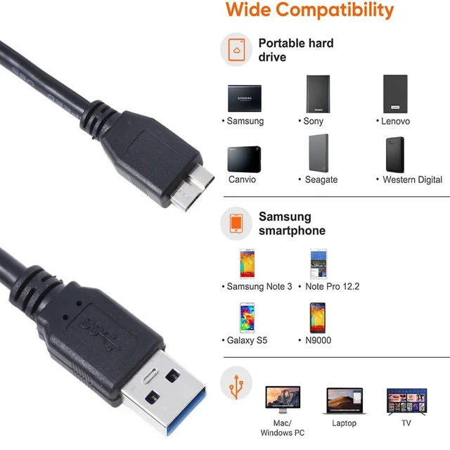 USB 3.0 to Micro B cable for Western Digital,Toshiba,Lacie,Seagate External Hard Drive Cable Micro USB 3.0 Cable to USB 3.0 A 2