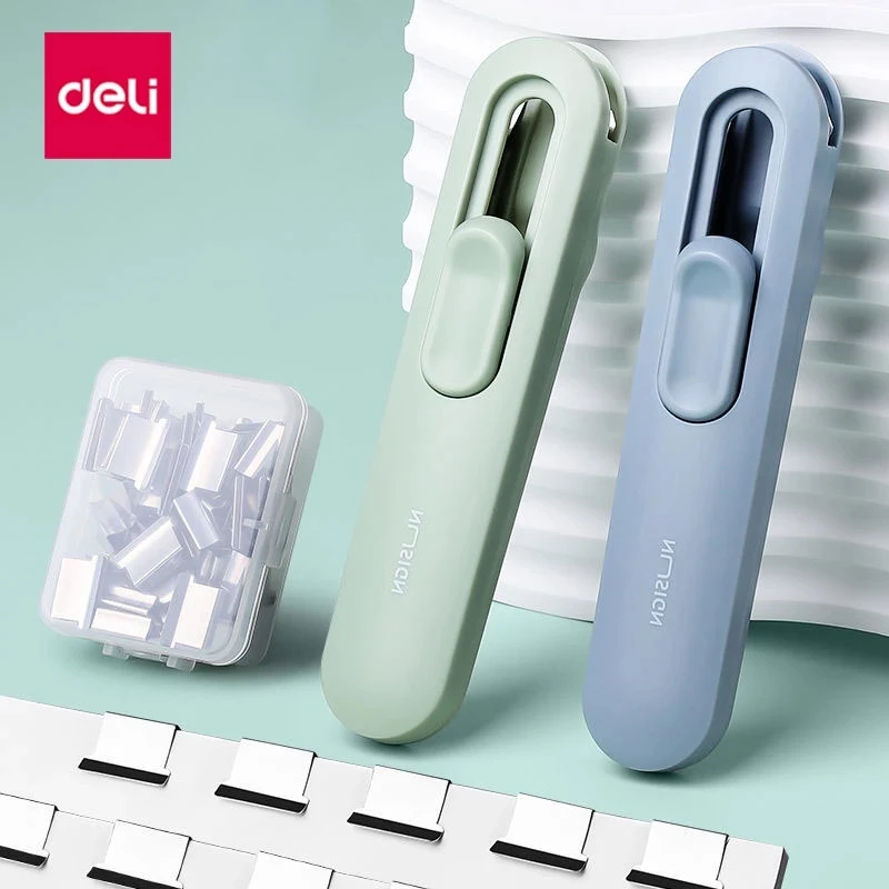 Deli Nusign Portable Hand Paper Clip Dispenser Stapler with 8pcs Metal Refill Clips File Document Clamp Binding Tool Clipper push stapler hand stapler