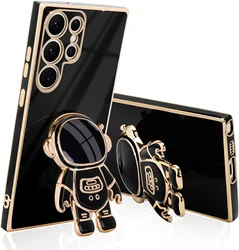 Luxury Astronaut Stand Case - Ultra Slim Fit Soft Shockproof Bumper with Electroplated Finish for S21 Ultra (Black)