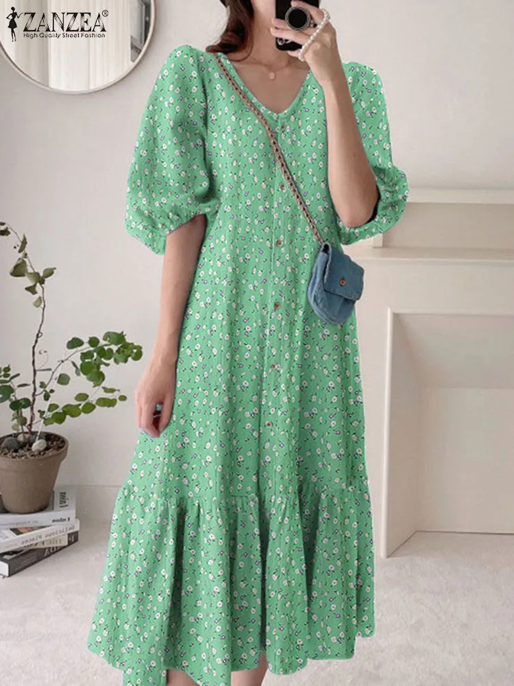 

ZANZEA Vintage Ruffled Hem Party Dress Buttons Floral Print Robe Elegant Women Vestido 2023 Summer Casual Puff Sleeve Midi Dress