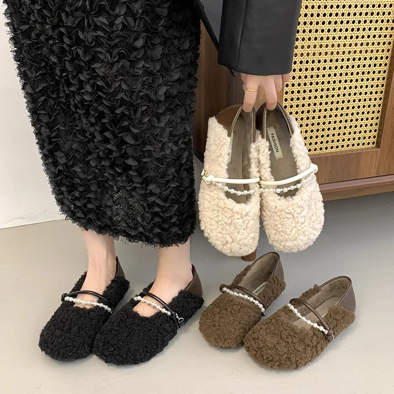 Women's Elegant Warm Shallow Mouth Casual Hairy Flats  Winter Fashion Versatile Soft Soled Comfortable Plush Mary Jane Shoes