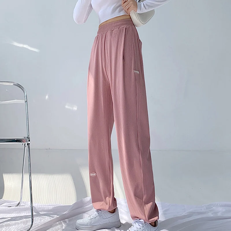 nike sweatpants 2021 New Women Solid Wide Leg Pants High Waist Loose Casual Tie Feet Pants Women's Ice Silk Pleated All-match Trousers vuori joggers Pants & Capris