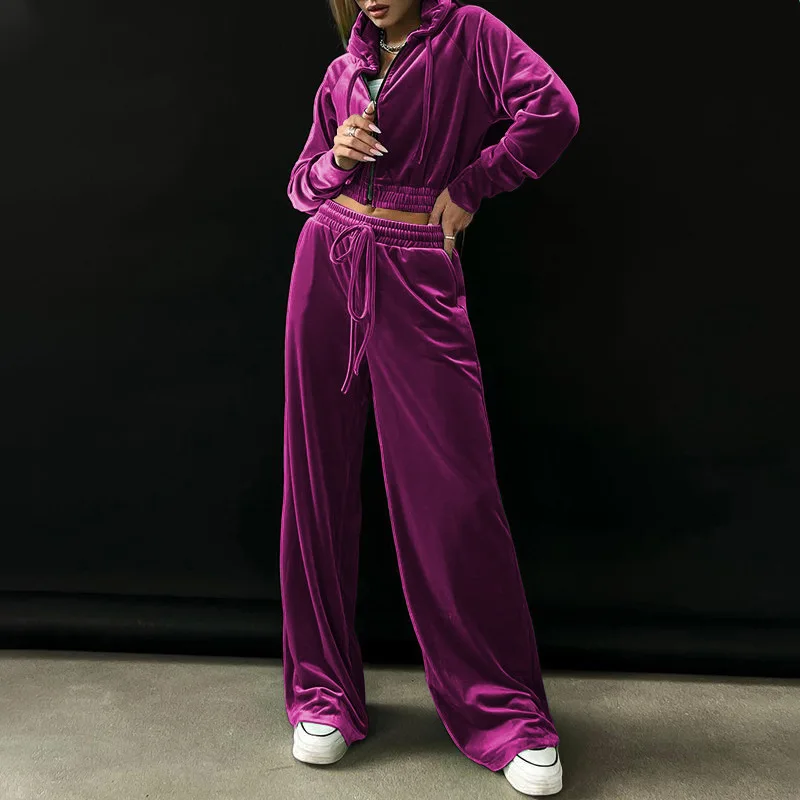 

Long Sleeve Zipper Hooded Tops + Pants Sport Suits Sportswear Two Pieces jogging Set Autumn Winter Women Velvet Tracksuit