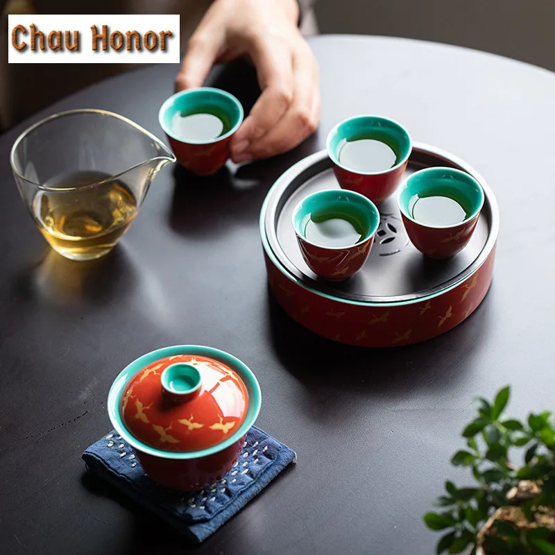230ml Palace Red Glaze Crane Art Teapot Holder Household Ceramic Tea Pot Base Chinese Gaiwan Tray Kung Fu Tea Dry Brewing Table