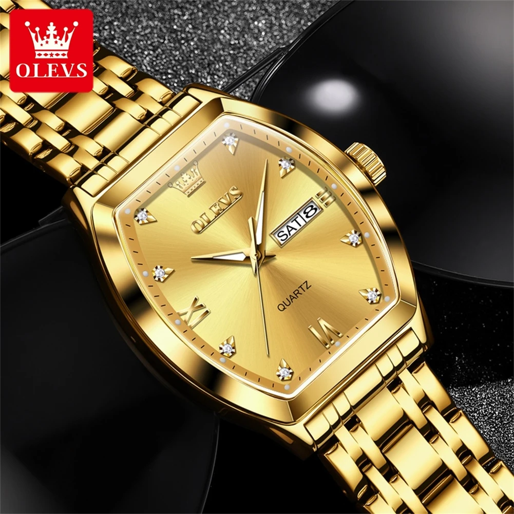 OLEVS 5528 Man Watch Fashion Original Waterproof Roman Scale Dress Wristwatch Dual Calendar Tonneau Dial Quartz Watch For Men