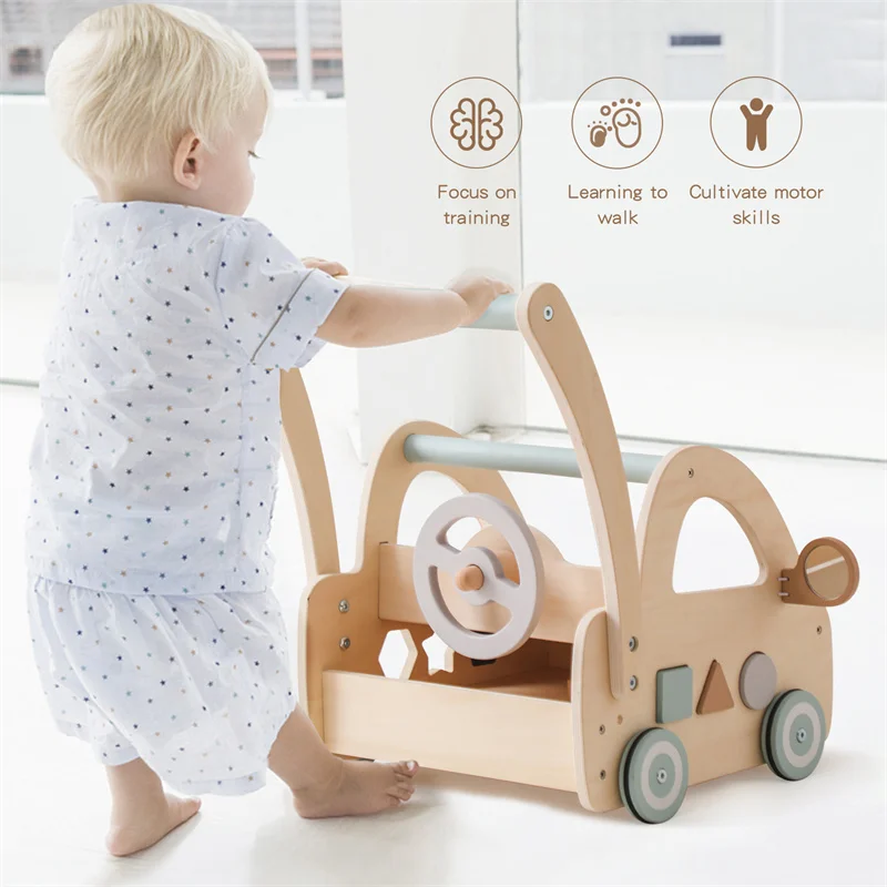 Kids Wooden Walker Montessori Toy Car Learning Children's Simulated Shopping  For 3 Year Babies Car Toddler Trolley Wagon Gifts 4