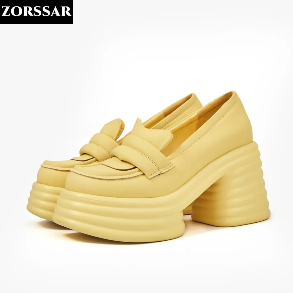

Super High Heels Loafers Women 2024 Spring New Genuine Leather Chunky Platform Pumps Woman Slip on Pink Yellow Jk Uniform Shoes