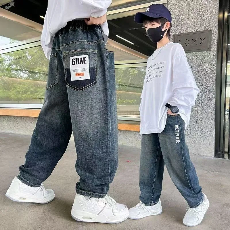 5-14Y Boys Jeans Pants Spring Kids Wide Leg Straight Trousers Autumn Loose-Fit Casual Trousers Children's Trendy Sweatpants - 3