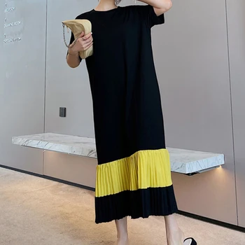 NYFS 스트라이프 패치워크 반팔 긴 드레스, 한국 여성 드레스, L-4XL 로브, 엘비스 패션, 2023 여름 신상